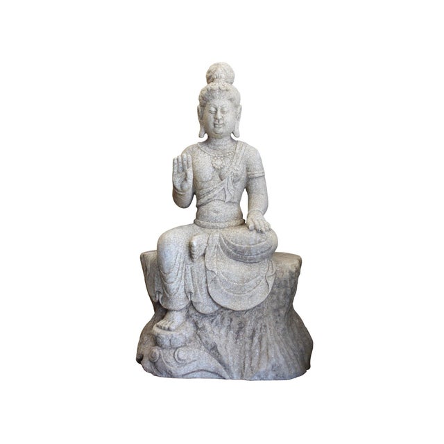 Chinese White Marble Stone Sitting Kwan Yin Tara Bodhisattva Statue For Sale - Image 9 of 9