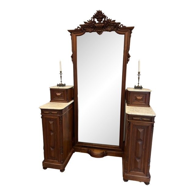 French Louis XVI Revival Pier Mirror With Dual Marble-Top Cabinets For Sale