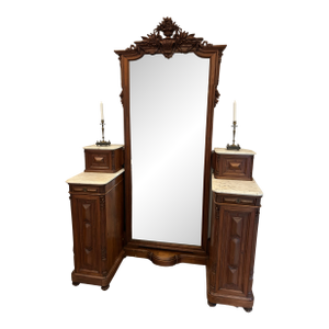French Louis XVI Revival Pier Mirror With Dual Marble-Top Cabinets
