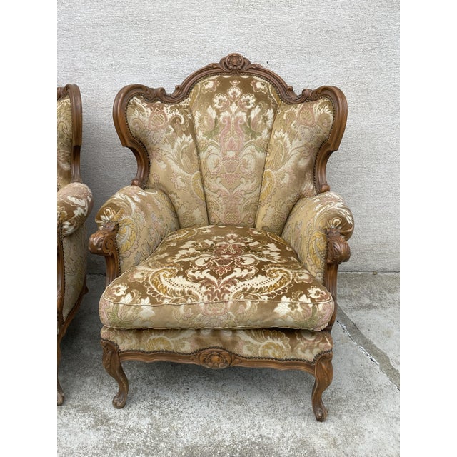 Set of Louis XV Style Armchairs in Brocade and Velvet Fabric, 1920s For Sale - Image 3 of 8