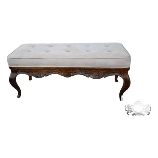 French Country Window Bench Vintage Tufted Upholstered Carved End Stool For Sale