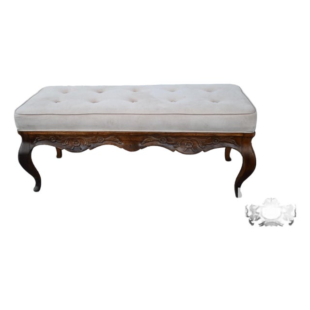 French Country Window Bench Vintage Tufted Upholstered Carved End Stool For Sale