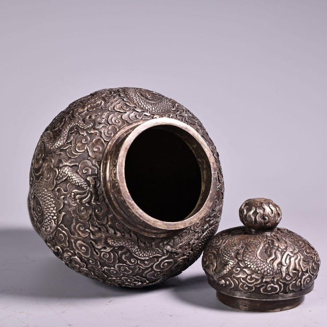Vintage Silvered Copper Dragon Ginger Jar | Repousse Dragon Vessel | Chinoiserie Decor For Sale - Image 4 of 10