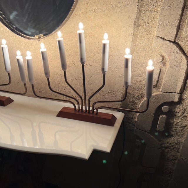 Mid-Century Modern 1960s European Menorah Sculptural Table Lamp Set Teak & Brass For Sale - Image 3 of 12