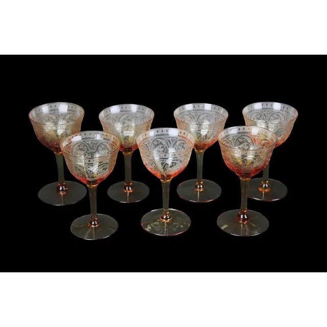 Art Deco Cambridge , Ohio 39 Antique Amber Etched Glass Stem Glassware.Circa 1920 For Sale - Image 3 of 12