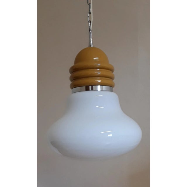Vintage Ceiling Lamp in White Opaque Glass & Mustard-Colored Metal Assembly, 1970s, in Very Good conditions. Designed 1970...