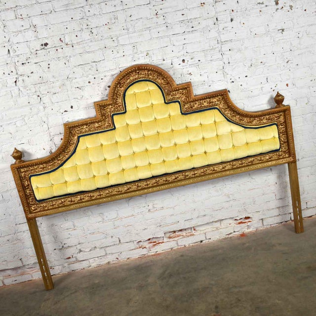 Hollywood Regency King Headboard of Gilded Cast Aluminum & Tufted