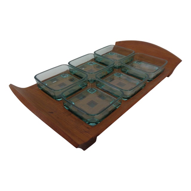 Teak Tray with Glass Bowls by Jens Quistgaard for IHQ Dansk Designs, 1960s, Set of 7 For Sale