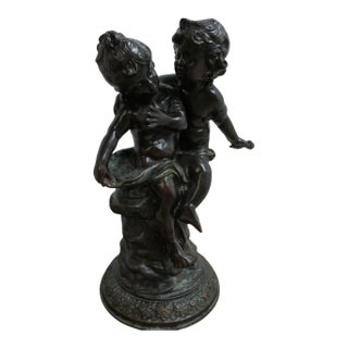 Vintage Bronze Frolicking Boy Girl Statue Italian Regency French For Sale