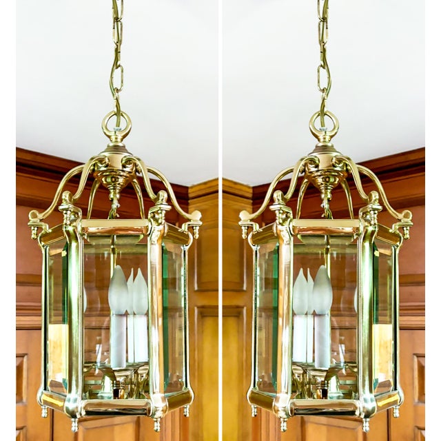 Antique Brass Hexagon Beveled Glass Hall Lantern, Late 1800 - Early 1900 For Sale - Image 13 of 13