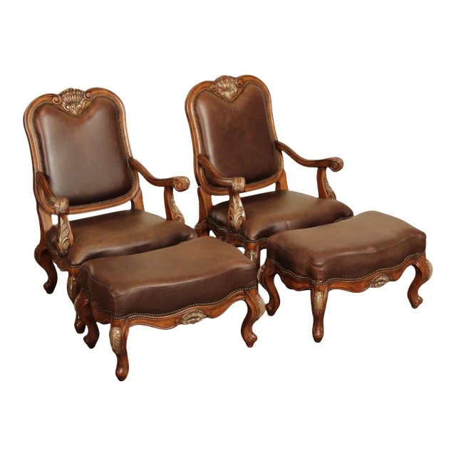 French Provincial Style Shell-Carved Leather Armchairs and Ottomans - Set of 4 For Sale