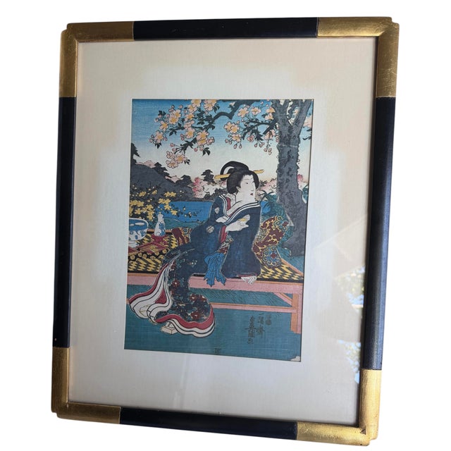Japanese Woodblock Utagawa Kunisada Framed Wood Gold Gilt Antique Bijin Cherry Blossom Floral Kimono Sake For Sale - Image 13 of 17