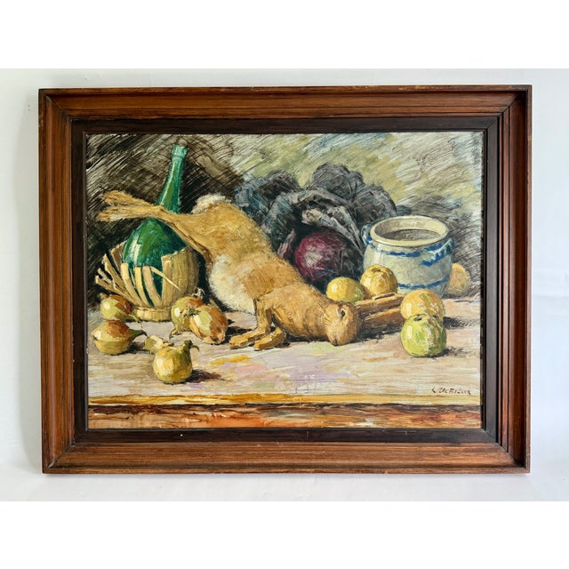 This classic French still life is a common theme in France depicting a hare and harvest items. The impressionist...