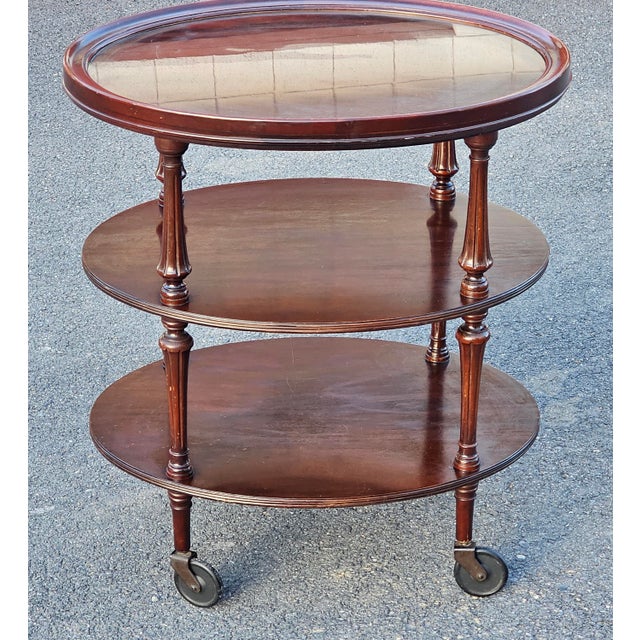 Early 20th Century Mahogany Oval Three-Tiered Rolling Bar Cart For Sale - Image 11 of 13