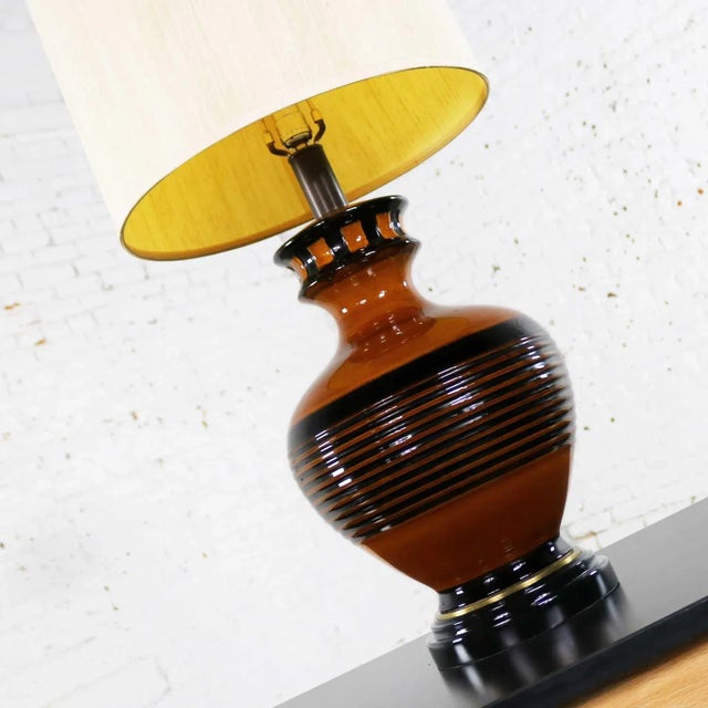 Wood Mid 20th Century Mid Century Modern Lamp Large Brown and Black Bulbous Ceramic For Sale - Image 7 of 13