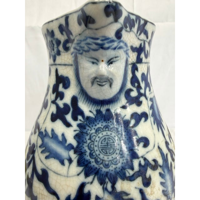 1950s Chinese Blue & White Crackle Glaze Porcelain Pitcher With Figural Face Motif For Sale - Image 10 of 10
