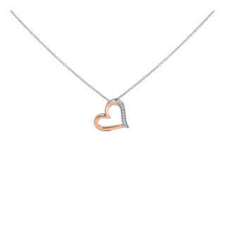 14K Rose Gold Plated Sterling Silver 1/10 Cttw Diamond Open Heart Pendant Necklace For Sale
