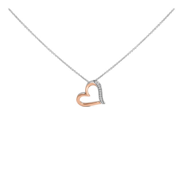 14K Rose Gold Plated Sterling Silver 1/10 Cttw Diamond Open Heart Pendant Necklace For Sale