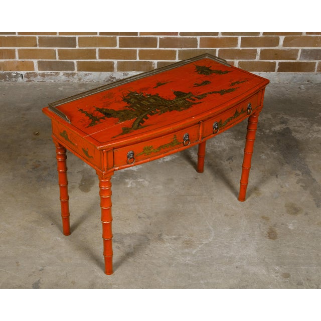 19th Century English Red Lacquer Faux Bamboo 19th Century Desk with Gilded Chinoiserie Décor For Sale - Image 5 of 12