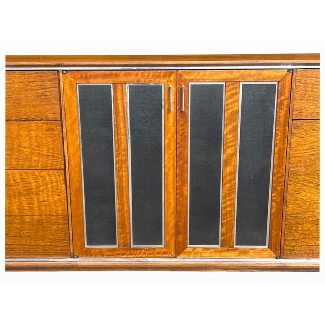 Wood Mid-Century Modern Walnut Credenza With Black Panel Doors Floating Base For Sale - Image 7 of 16