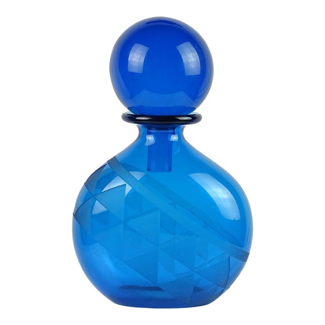 Vintage Correia 1989 Cobalt Blue Acid Cut Triangle Design Limited Edition Cabinet Flower Vase With Added Stopper For Sale