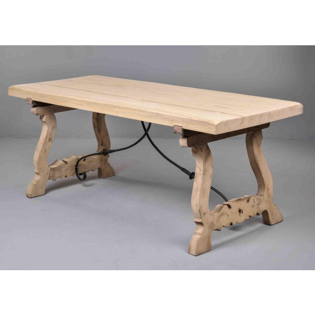 Italian Bleached Oak Trestle Table With Wrought Iron Stretcher For Sale - Image 11 of 12