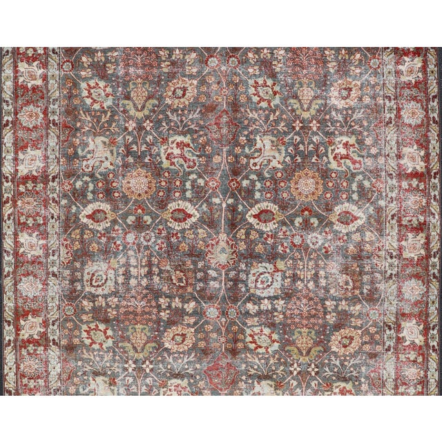 Early 20th Century Antique Tabriz With All-Over Floral Sub-Geometric Design in Charcoal and Red 8'0 X 11'6 For Sale - Image 5 of 16
