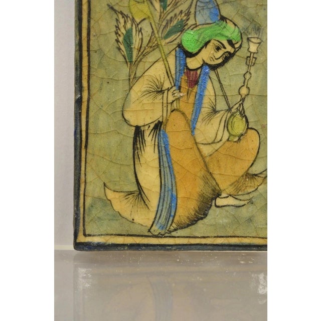 Antique Persian Iznik Qajar Style Green Ceramic Pottery Tile Kneeling Woman C5 For Sale - Image 4 of 9