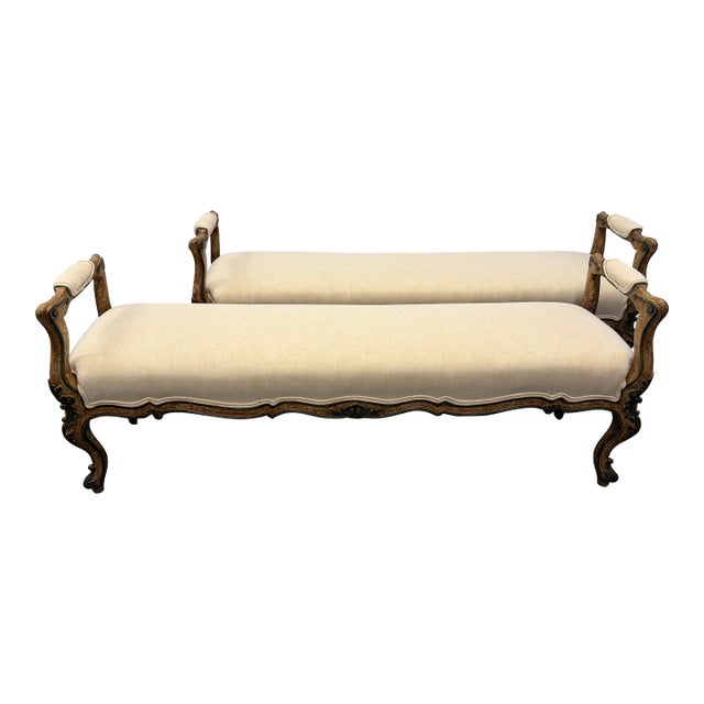 Brunschwig-Upholstered Long Mediterranean Benches, a Pair For Sale