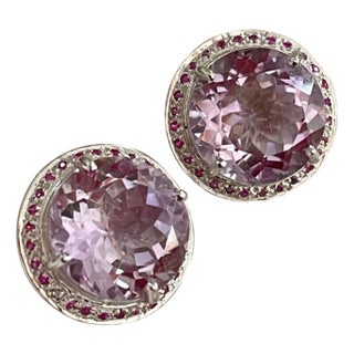 24 Ct Round Natural Pink Amethyst Earrings 18 Karat White Gold Post Backs For Sale