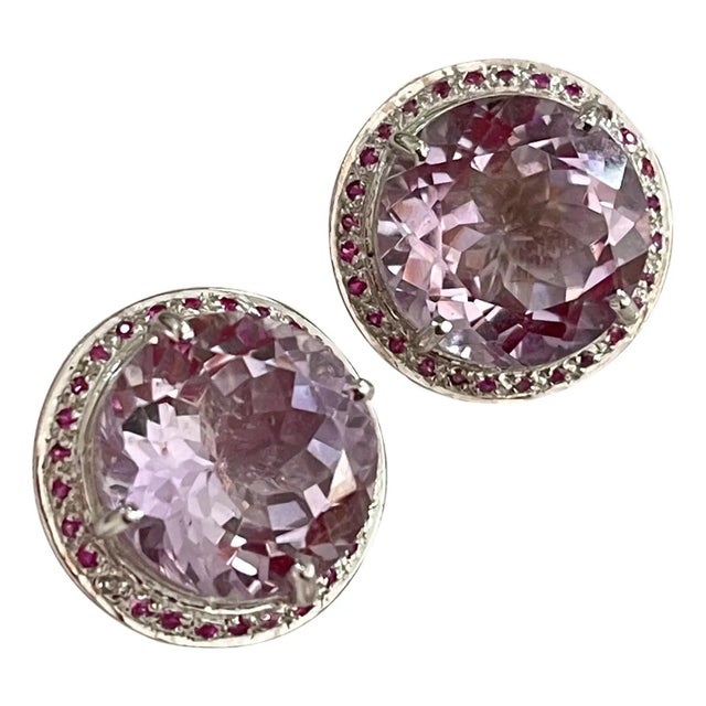 24 Ct Round Natural Pink Amethyst Earrings 18 Karat White Gold Post Backs For Sale