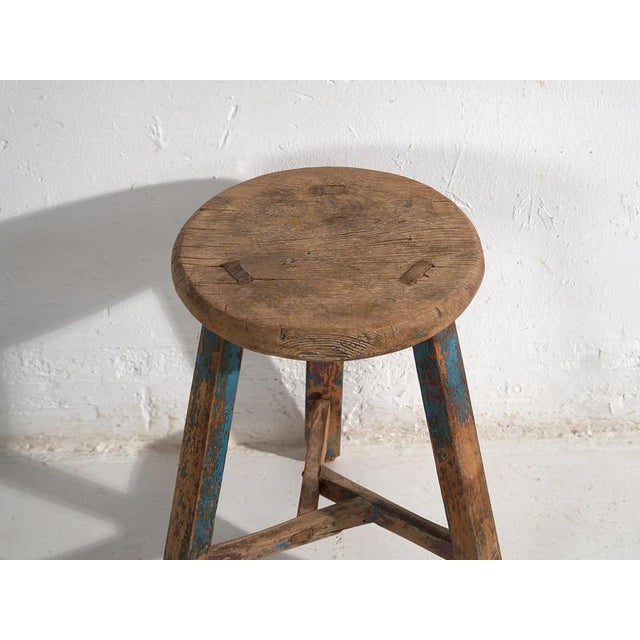 Rustic Antique Stool with Sky Blue Patina, 1900 For Sale - Image 3 of 8