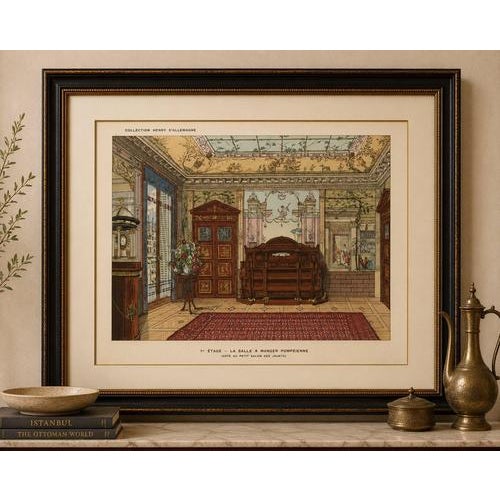 Title: Pompeian Elegance: A Grand Neoclassical Dining Room Interior, 1900 : An exceptional original antique color print...