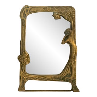 8.5” Vintage Art Nouveau Brass Figural Lady Vanity Mirror Floral Frame Tabletop For Sale