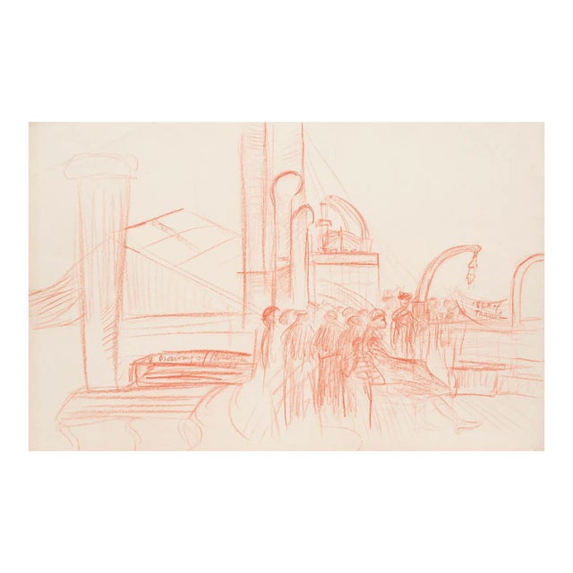 Seaport - Original Pastel Drawing by G. Bourgogne - mid 20th Century mid 20th Century For Sale