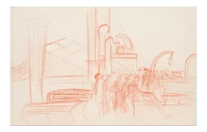 Seaport - Original Pastel Drawing by G. Bourgogne - mid 20th Century mid 20th Century