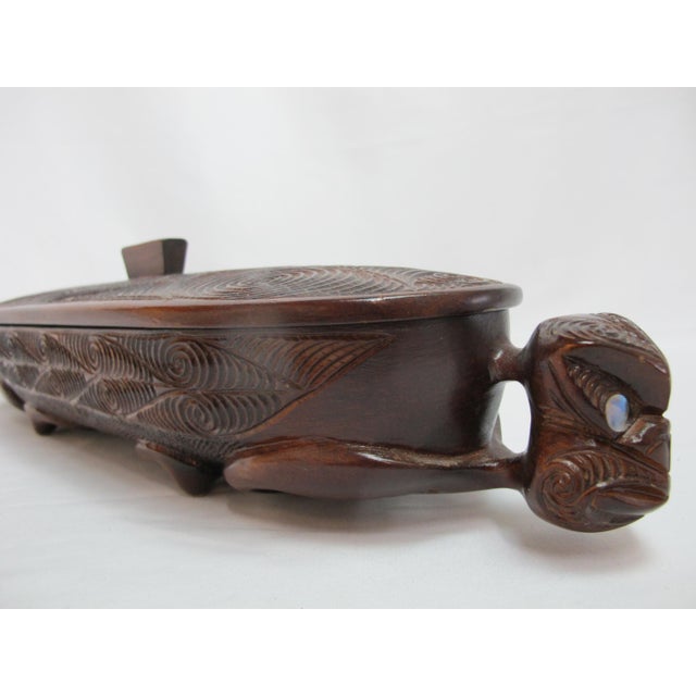 Mid 20th Century Maori New Zealand Carved Wood Oval Lidded Treasure Box With Abalone Shell For Sale - Image 5 of 13