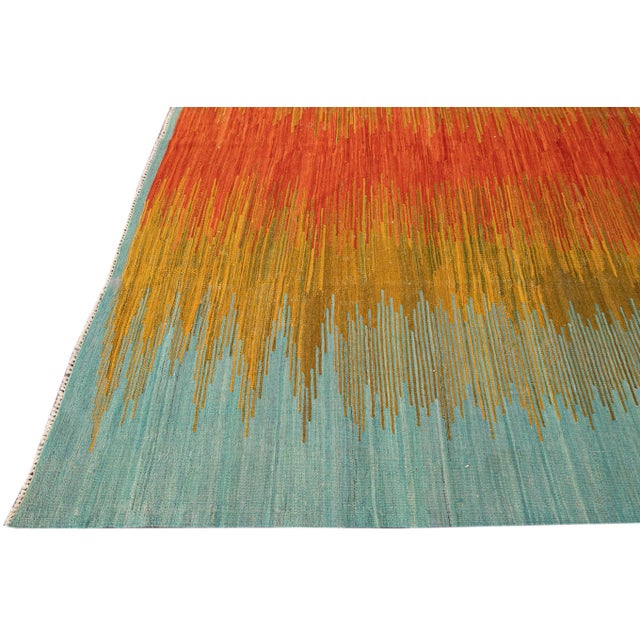 Modern Kilim Flatweave Multicolor Abstract Wool Rug For Sale - Image 4 of 9