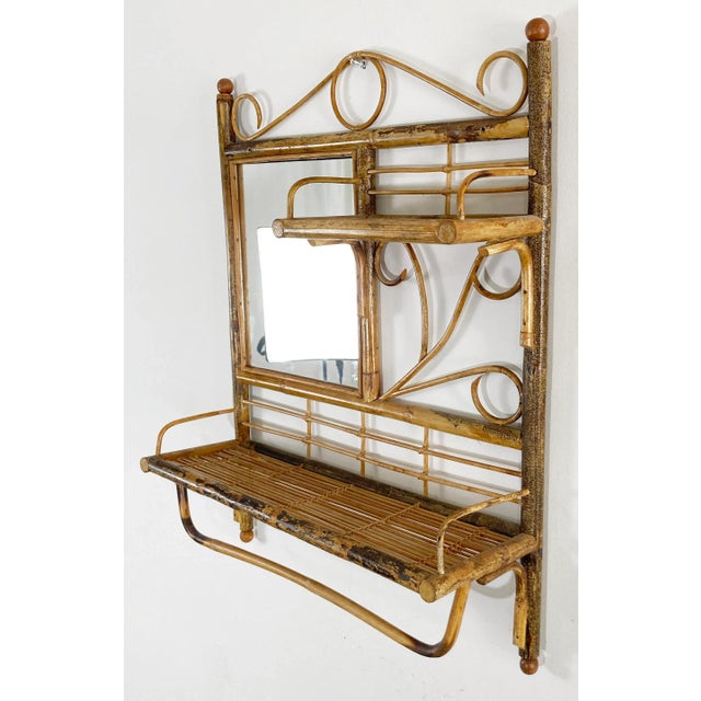 Chinoiserie Vintage Mirrored Scorched Bamboo Wall Shelf Towel Rack For Sale - Image 3 of 7