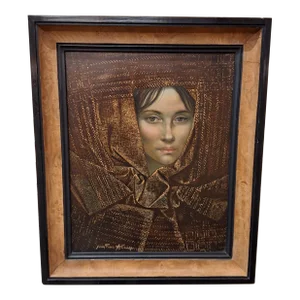1970s Jean Pierre Alaux Oil Painting Woman's Face A. Goude Gallery Label, Framed