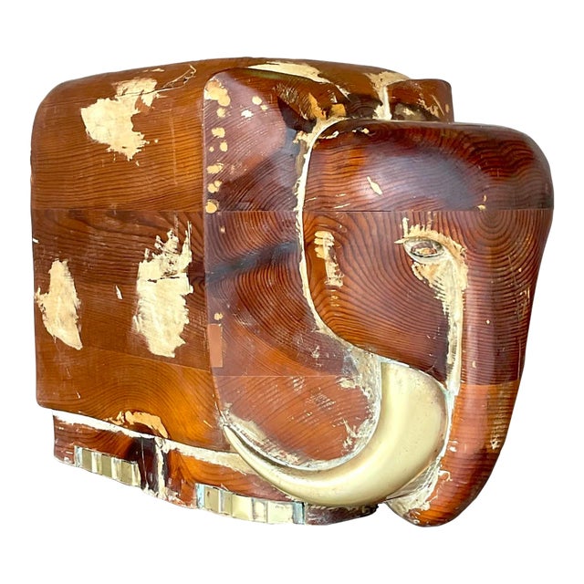 Vintage Boho Carved Wood and Brass Elephant For Sale