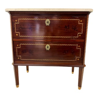 Antique Mahogany Marble Top Inlaid 2 Drawer Commode For Sale