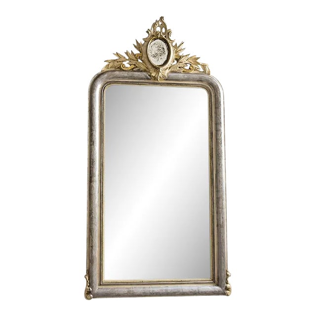 Large 19th Century Silver Louis Philippe Mirror With Gilded Mirror Crest For Sale