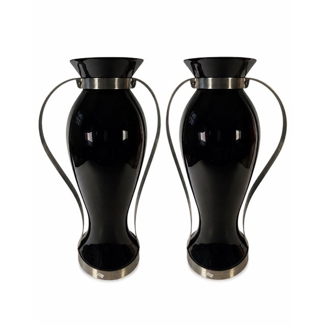 1980s Italian Black Glass and Stainless Steel Vases - A Pair For Sale - Image 5 of 8