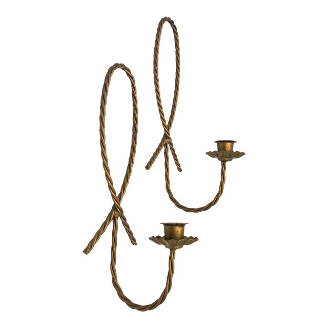 Pair Vintage Hollywood Regency Gilt Metal Twisted Rope Wall Candle Sconces - French Country, Neoclassical For Sale