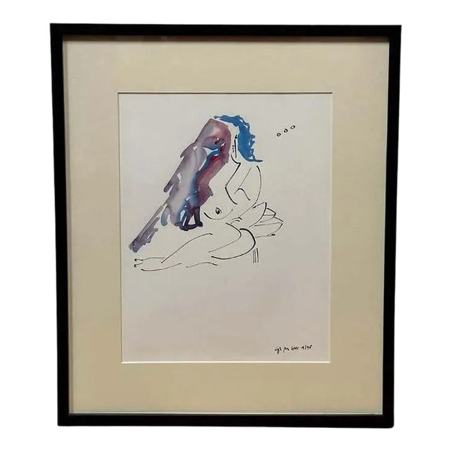 "Blue Hair Woman and a Bird" Minimalist Watercolour #3 by Christopher Paul Cobb For Sale