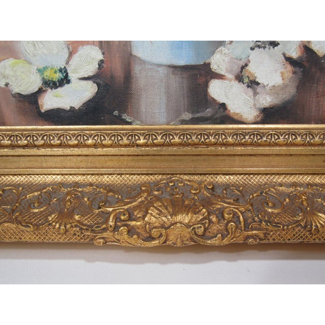 Textile Vintage Floral Still Life Oil on Board in Gilt Frame For Sale - Image 7 of 10