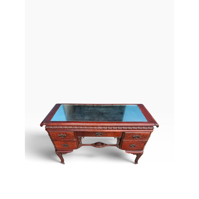 Early 20th Century Antique Louis XV Revival Carved Mahogany Desk With Mirrored Top For Sale - Image 5 of 17