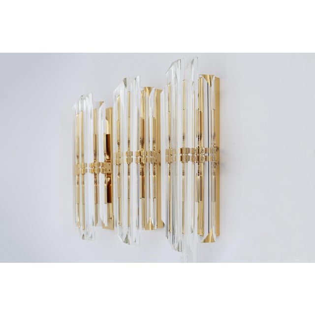 Hollywood Regency 3 Luxury Wall Lights in Art Deco Revival Style Set of 3 Brass, Gold-Plated Crystal Glass Rods with Cut...