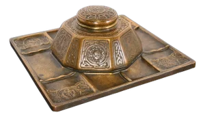 Tiffany Studios New York Zodiac Bronze Doré Partner's Inkwell With Desk Tray